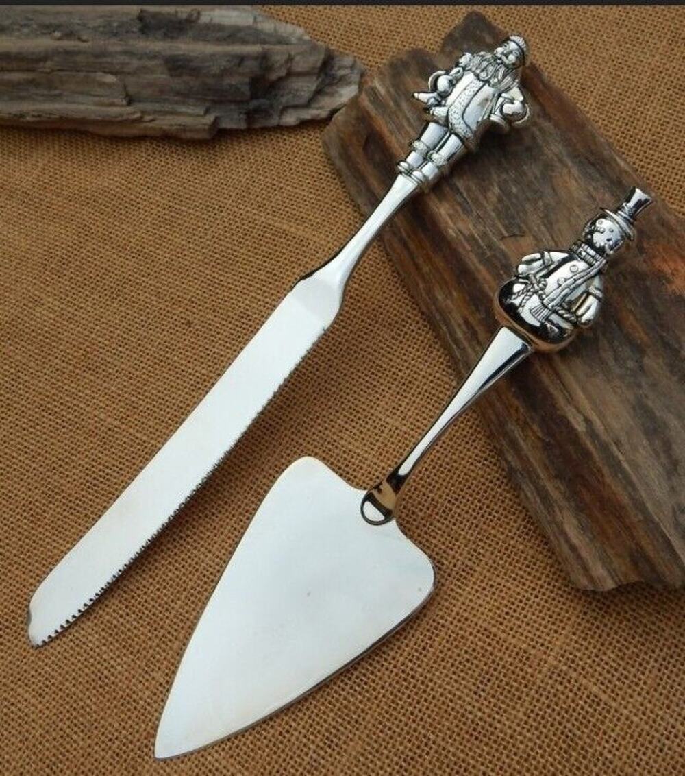 Wallace 2 Pc Pie Cake Server Set Silversmith Christmas Santa Snowman Flatware Vt